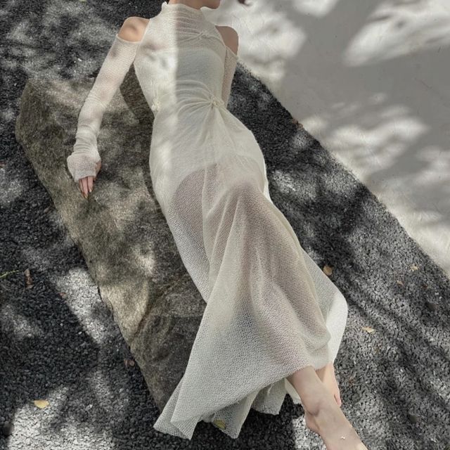 Long-Sleeve Cold-Shoulder Maxi A-Line 