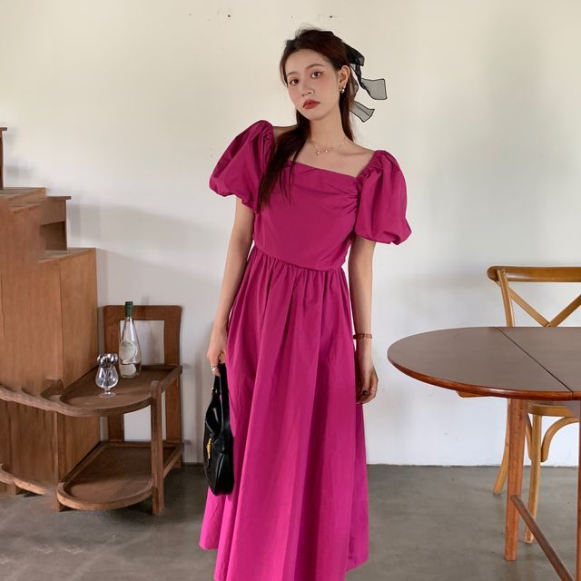 yesstyle purple dress Purplepens - Puff Sleeve Square Neck Plain Gathered Maxi A-Line Dress