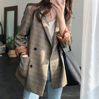 Hasu-Double-Breasted Plaid Blazer