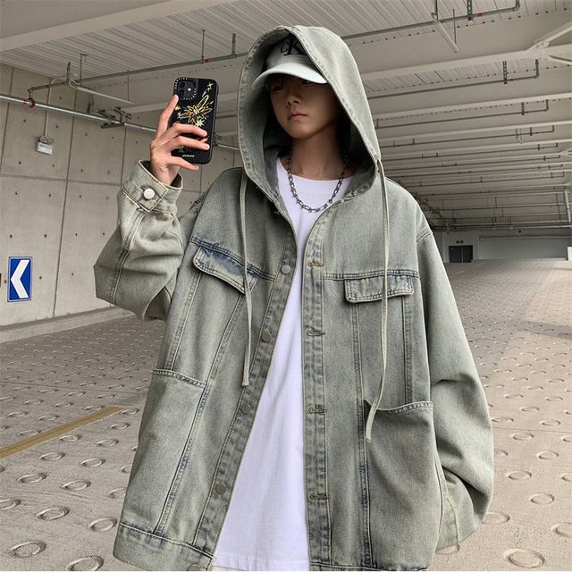 Bay Go Mall-Washed Hooded Button-Up Denim Jacket