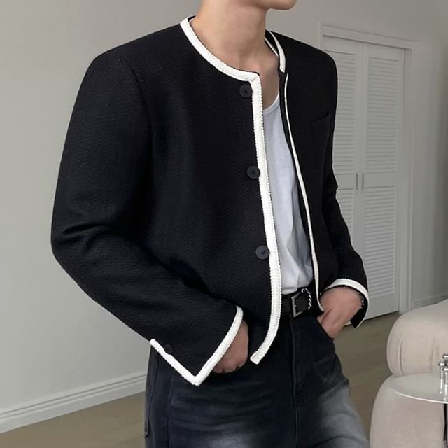 MRCYC-Round Neck Contrast Trim Button Jacket