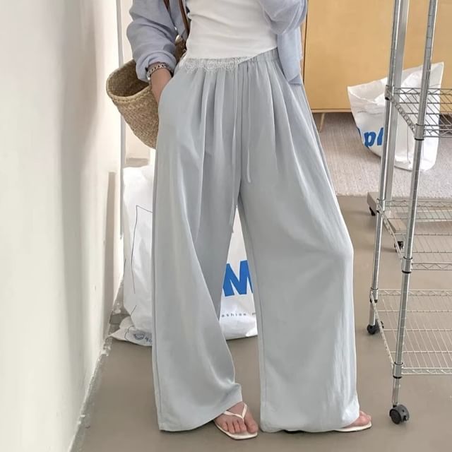 ISSOL-High Waist Plain Pleated Wide Leg Pants