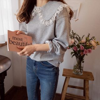 LEELIN-Lace-Collar Napped Sweatshirt