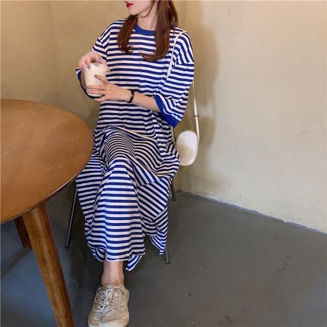 Everose - Elbow-Sleeve Striped Midi T-Shirt Dress | YesStyle