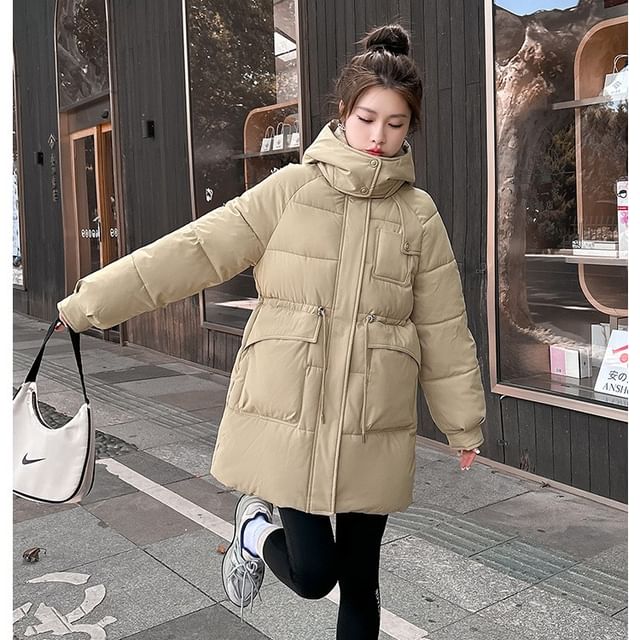 Sienne-Stand Collar Plain Hood Zip Puffer Jacket