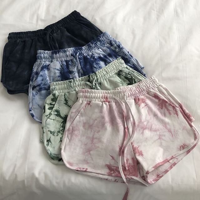 CRIBI-Drawstring Waist Tie Dye Shorts
