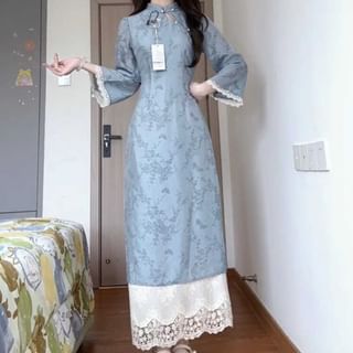 Golden Flowers 3/4 Sleeve Mandarin Collar Floral Print Mock Two Piece Panel Lace
