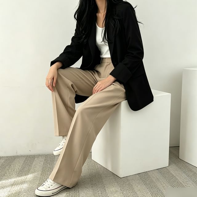 Coris-Einfarbiger einreihiger Blazer mit Reverskragen Anzughose mit hoher Taille und weitem Bein