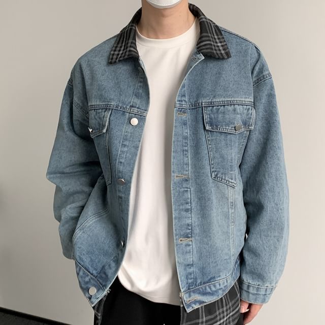 DAZO Studios-Collared Plaid Washed Mock Two Piece Button Denim Jacket