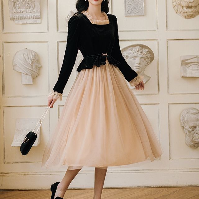 French Village - Long-Sleeve Mock Two-Piece Velvet Midi Dress | YesStyle