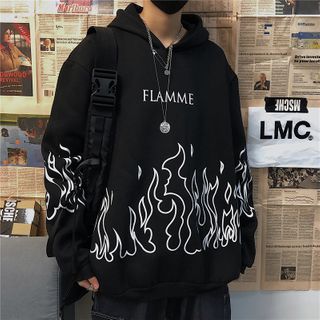 YXST Flame Print Plus Velvet Hooded Kapuzenpullover mit Flammenmuster Hip Hop Sweatshirts