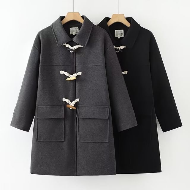 PANDAGO-Collared Toggle Plain Long Coat