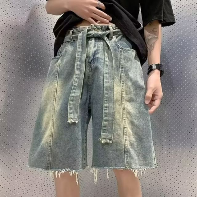 farrahces-Sashed Wide Leg Denim Shorts