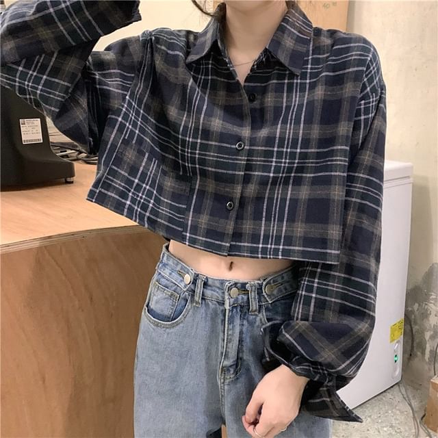 ANORA-Long-Sleeve Plaid Crop Shirt