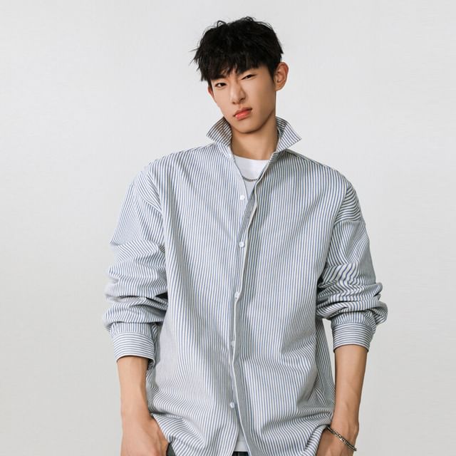 Koiyua-Long-Sleeve Striped Button-Up Shirt