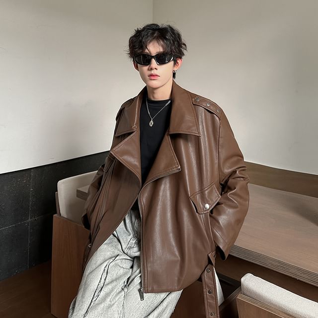 Freehop-Collared Plain Faux Leather Zip Biker Jacket