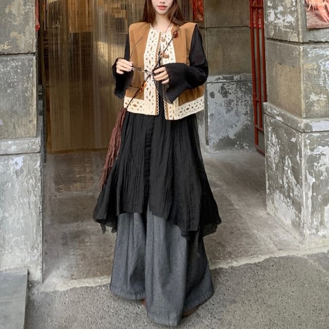 Trendycas-Long Sleeve V-Neck Plain Button Long Top Crew Neck Panel Button Vest High Rise Plain Wide Leg Pants