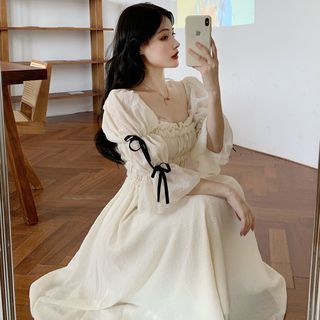 Puff-Sleeve Shirred Midi A-Line Dress 