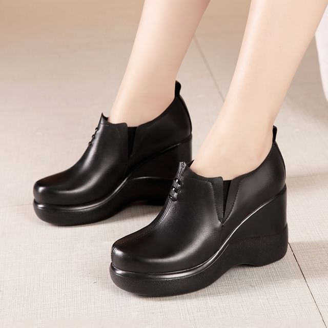 Freesia-Wedge Heel Plain Faux Leather Slip-Ons