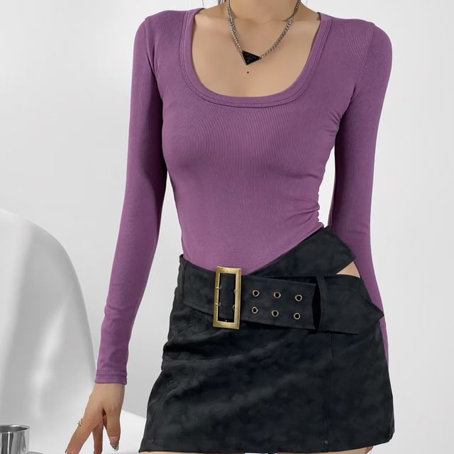 Ulark-Long-Sleeve Square-Neck Plain Ribbed Bodysuit Top