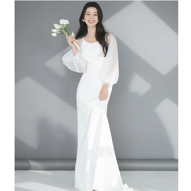 MSSBridal-Long-Sleeve Plain Sheath Wedding Gown