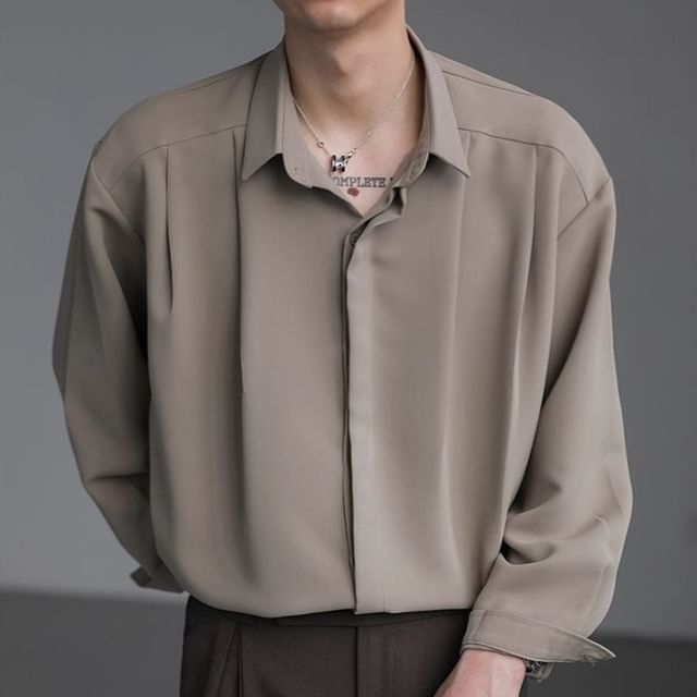 Savenne-Long-Sleeve Button-Up Plain Shirt