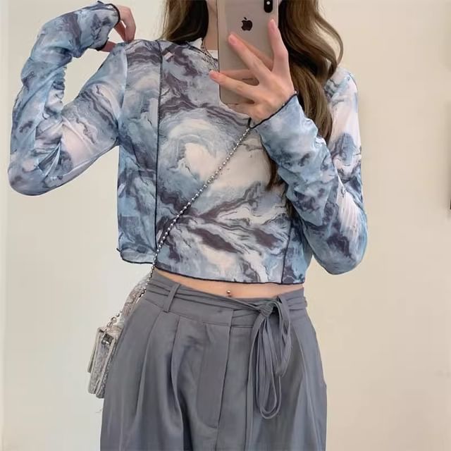 Cloud Nine-Long-Sleeve Mock Neck Tie Dye Sheer Crop Top