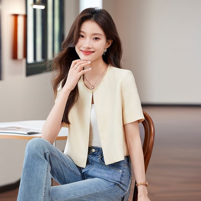 Skyheart-Short Sleeve Round Neck Plain Beaded Jacket