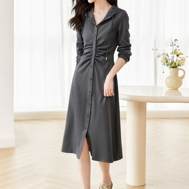 hooded a-line dress Jeonseon - Long-Sleeve Plain Ruched Button-Up Midi Color:Mustard Yellow Fabric:JERSEY Girl 90s Themed Dresses stretchy shirt