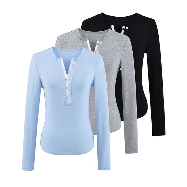 Ulark-Long Sleeve Henley Neck Contrast Trim Tees