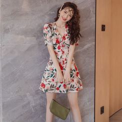 Neon Nite - Short-Sleeve Floral Print Mini A-Line Dress