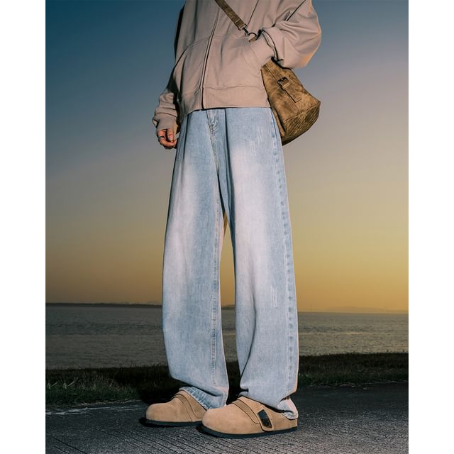 YERGO-Mid Rise Washed Straight Leg Jeans