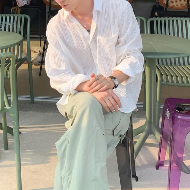 Okwano-Long Sleeve Collared Plain Textured Button Up Oversized Shirt
