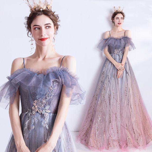 Angel Bridal - Embellished Cold-Shoulder A-Line Evening Gown | YesStyle