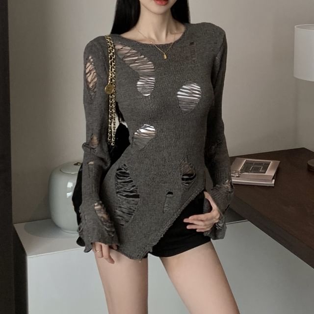 Metonymph-Long Sleeve Crew Neck Plain Distressed Knit Top