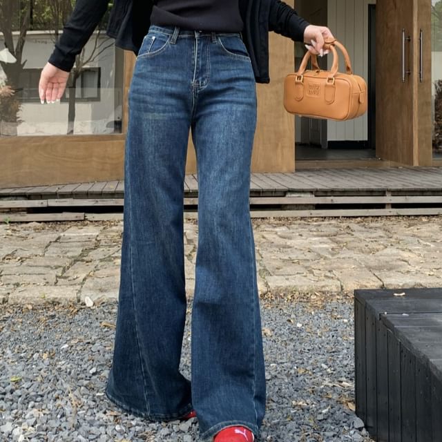monroll-High Waist Washed Flared Jeans