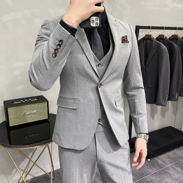 Bay Go Mall-Set Notch Lapel One-Buttoned Plain Blazer Mid Rise Straight Leg Dress Pants V-Neck Vest