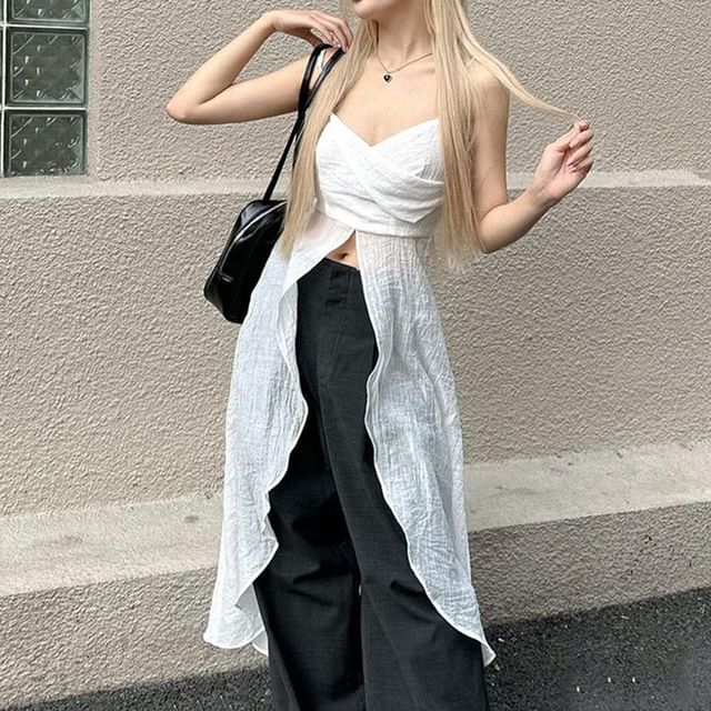 BrickBlack-V-Neck Plain Wrapped Slit Long Camisole Top
