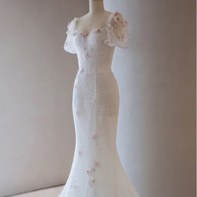 wedding dress lace sleeves tea length Deep V-Neck Little White Dresses Off the Shoulder Short Wedding Dresses main image 0