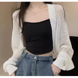 Isaaca-Plain Pointelle Knit Crop Open Front Cardigan