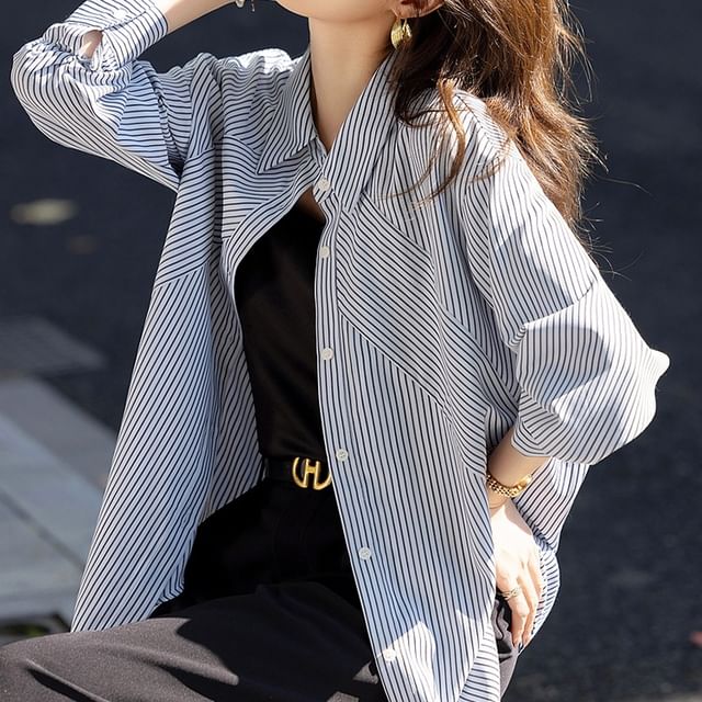 Jeonseon-Long-Sleeve Striped Button-Up Shirt