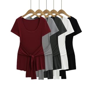 Ulark Short-Sleeve Scoop Neck Plain Tie-Front Mini T-Shirt Dress Sale