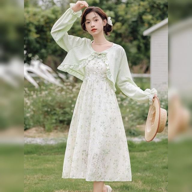 sansweet - Spaghetti Strap Floral Print Midi A-Line Dress / Plain