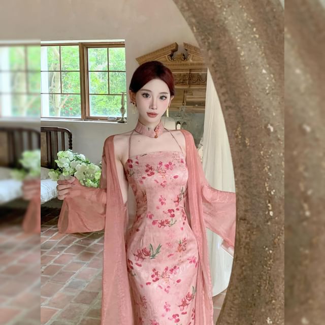 Halter Neck Floral Print Maxi Bodycon Dress / Long Light Cardigan Halter Neck Floral Print Maxi Bodycon Dress / Long Light Cardigan