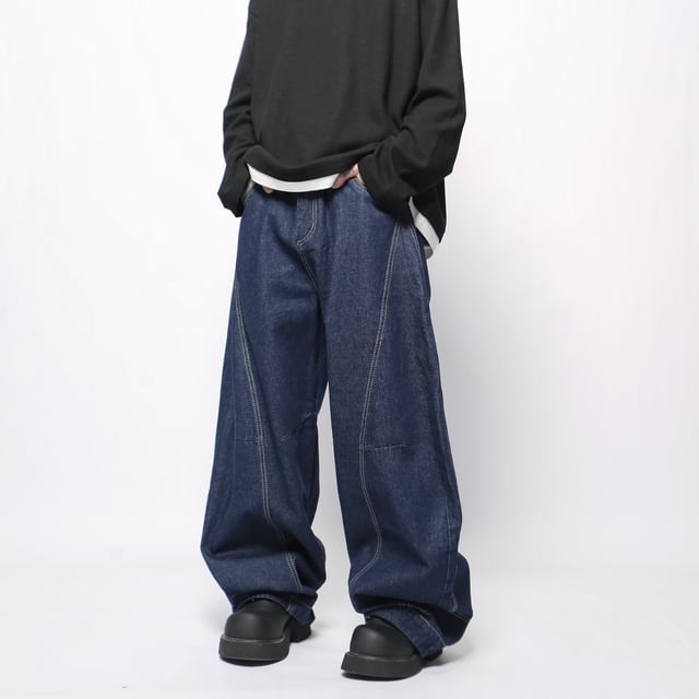 Derbundy-Mid Rise Panel Wide Leg Jeans