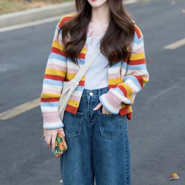 Shinsei-Crew Neck Rainbow Striped Button-Up Crop Cardigan
