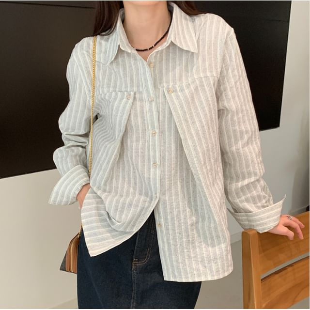Jesong-Long Sleeve Collared Striped Shirt
