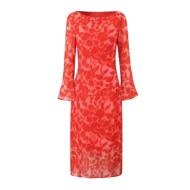 Cumulys - Long-Sleeve Crew Neck Floral Print Midi Bodycon Dress | YesStyle