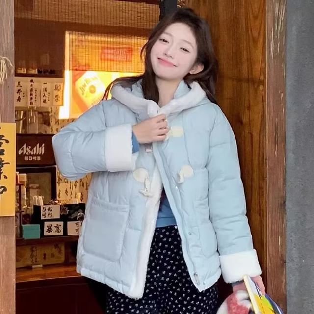 PANDAGO-Fluffy Trim Hooded Padded Toggle Jacket