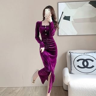 Long-Sleeve Square Neck Half Buttoned Velvet Midi Sheath Dress